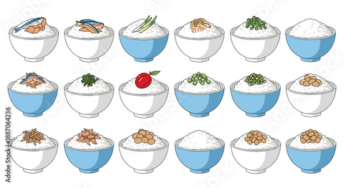 Selection of eighteen bowls of white rice topped with various ingredients like fish, plums, beans, and vegetables.