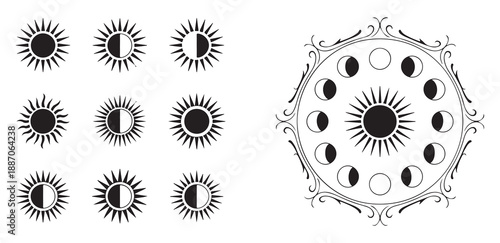 Sun and moon phases icons set sun with rays and celestial cycle decoration