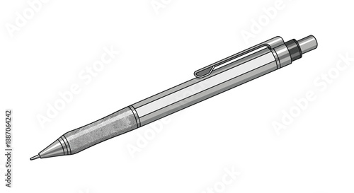 Sleek silver and gray metallic mechanical pencil with a textured grip and a clip shown diagonally on a white surface.