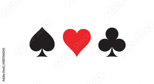 Simple black and red icons representing the three playing card suits spade, heart, and club on a white background.