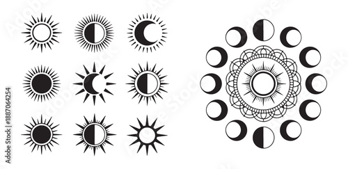 Solar and lunar eclipse cycles illustration set with phases of moon and decorative celestial designs