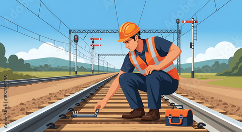 Diligent railway engineer performs essential maintenance work on the train tracks, ensuring safety and optimal operation of the transport infrastructure in a detailed outdoor setting