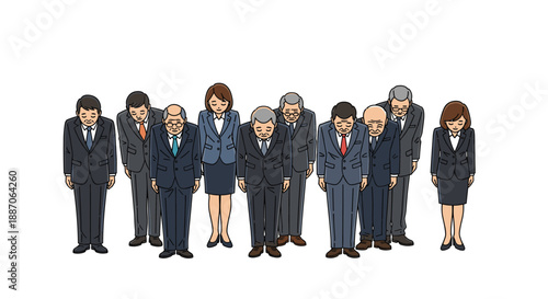 Large group of men and women in formal business suits bowing deeply in unison to show respect or offer an apology.