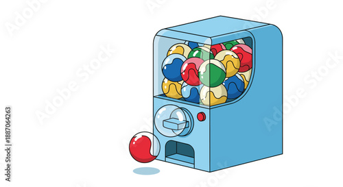Blue gumball machine filled with colorful round candies with one red gumball just dispensed at the bottom.