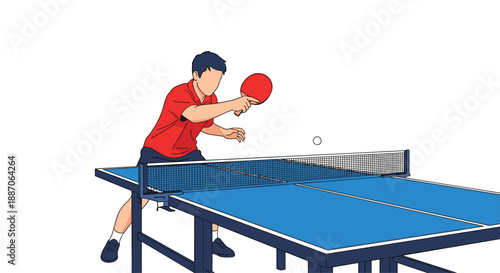 Male table tennis player in a red shirt about to hit the ball with a red paddle across the blue net on the table.