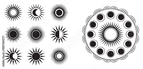 Sun and moon phases icons set sun with rays and celestial cycle decoration