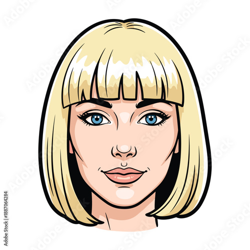 Cartoon illustration of a blonde woman with blue eyes