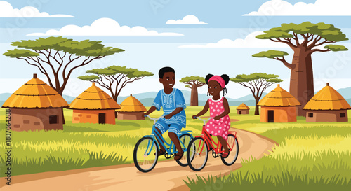 Vector illustration of African children riding bicycles on village roads, showing daily transport and joyful rural mobility in flat vector style