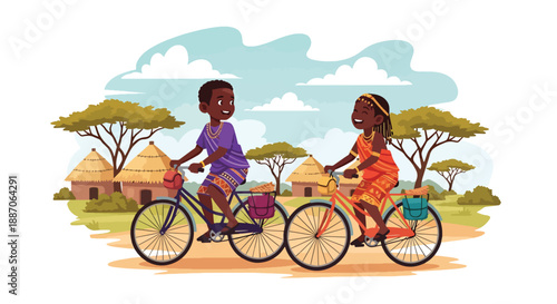 Vector illustration of African children riding bicycles on village roads, showing daily transport and joyful rural mobility in flat vector style