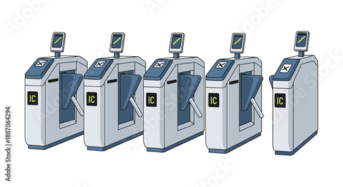 Line of automatic silver and blue ticket gates for a train station with ic card readers and digital screens.