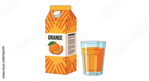Orange juice carton illustration features vibrant packaging alongside a full glass of refreshing citrus beverage on white background.