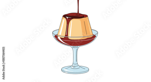 Classic flan pudding dessert sits in a glass dish while rich dark chocolate or caramel sauce is poured over the smooth custard.