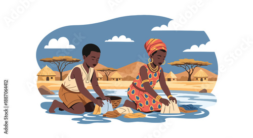 Vector illustration of African children washing clothes together by hand, reflecting daily chores and cooperation in rural village life through flat vector illustration