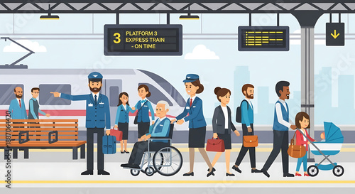 Busy train station platform with diverse passengers and helpful staff, illustrating modern public transportation travel and urban journey experience for various travelers