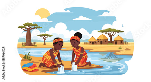 Vector illustration of African children washing clothes together by hand, reflecting daily chores and cooperation in rural village life through flat vector illustration
