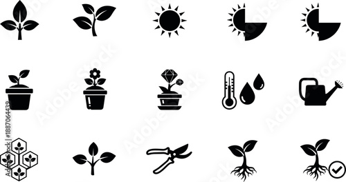 Black gardening and plant growth icons set with farming tools isolated on white