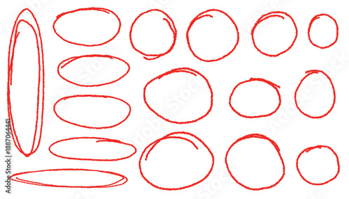 Doodle round shapes. Red hand drawn marker red circles round set. Crayon circle highlight, freehand ovals doodle. Chalk pencil ellipse frames. Round shapes in sketch style on white background