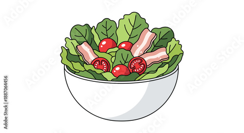 Healthy bowl of green salad features fresh lettuce leaves, cherry tomatoes, and crispy bacon slices for a nutritious side dish.
