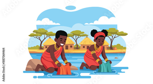 Vector illustration of African children washing clothes together by hand, reflecting daily chores and cooperation in rural village life through flat vector illustration