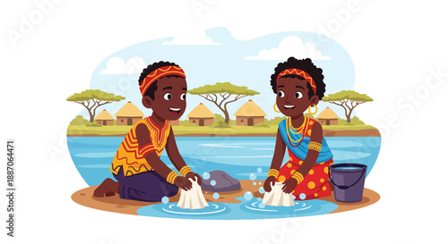 Vector illustration of African children washing clothes together by hand, reflecting daily chores and cooperation in rural village life through flat vector illustration