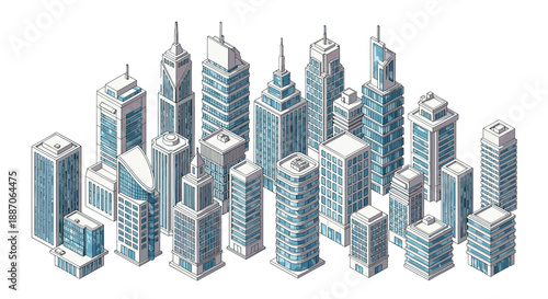 Vast isometric city skyline consists of numerous blue and white skyscrapers and office buildings in a modern metropolitan area.
