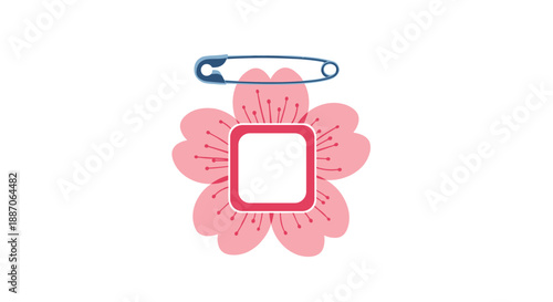 School pin designed like a pink cherry blossom flower includes a safety pin on top and a white name label in the center.
