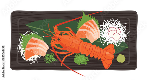 Exquisite seafood platter features a whole cooked lobster alongside slices of fresh salmon sashimi and traditional garnishes.