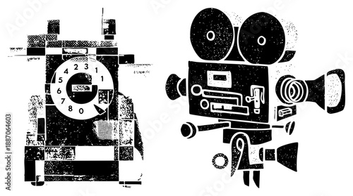 Vintage Rotary Phone and Film Camera Vector with Halftone Texture