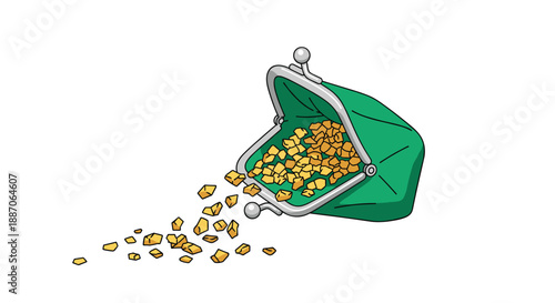 Small green clasp coin purse tilted sideways with many golden nuggets or coins spilling out onto a white surface.