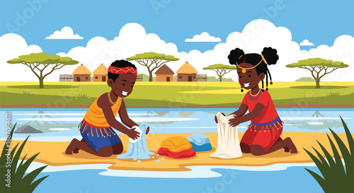 Vector illustration of African children washing clothes together by hand, reflecting daily chores and cooperation in rural village life through flat vector illustration