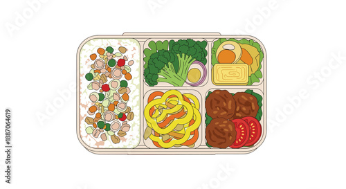 Healthy Japanese bento box meal packed with white rice, meatballs, broccoli, peppers, and an omelet in a partitioned container.