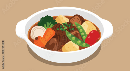 Hearty Japanese beef stew known as nikujaga filled with chunks of meat, potatoes, carrots, broccoli, and snap peas in a white bowl.