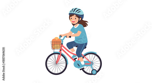 Young girl wearing a helmet happily riding a red bicycle with a front basket filled with fresh bread on a white background.