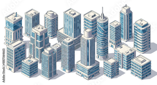 Isometric illustration of a modern city center featuring various glass skyscrapers and corporate office buildings in a group.