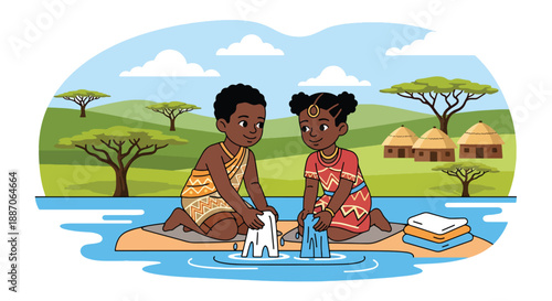 Vector illustration of African children washing clothes together by hand, reflecting daily chores and cooperation in rural village life through flat vector illustration
