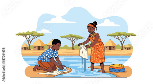 Vector illustration of African children washing clothes together by hand, reflecting daily chores and cooperation in rural village life through flat vector illustration