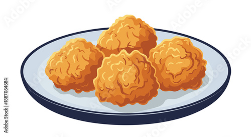 Plate of four crispy golden brown fried meatballs or chicken nuggets served on a simple blue rimmed white plate.