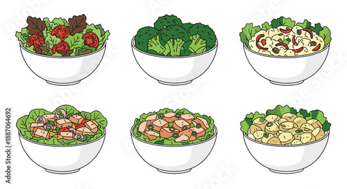 Collection of six various healthy salad bowls featuring leafy greens, broccoli, potato salad, and protein toppings on white.