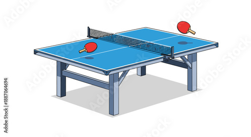 Blue table tennis table equipped with a net and two red paddles ready for a competitive match on a white background.