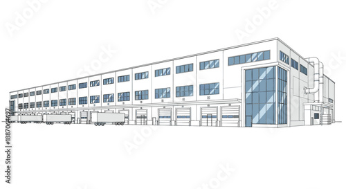 Large industrial warehouse building with multiple loading bays and trucks parked along the side for logistics and distribution.