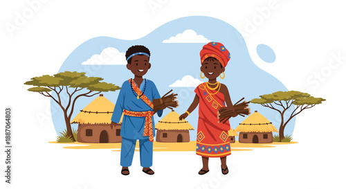 Vector illustration of African children collecting firewood near their homes, showing responsibility and sustainable rural living in flat vector style