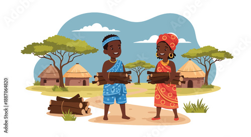 Vector illustration of African children collecting firewood near their homes, showing responsibility and sustainable rural living in flat vector style