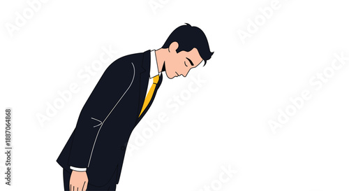 Profile of a professional businessman in a black suit and yellow tie performing a deep respectful bow on a white background.