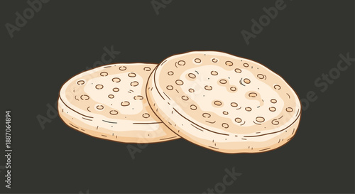 Two round light colored crackers or biscuits with small holes on the surface shown against a dark grey background.