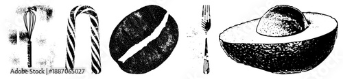 Halftone Illustration of Whisk, Candy Cane, Coffee Bean, Fork, and Avocado