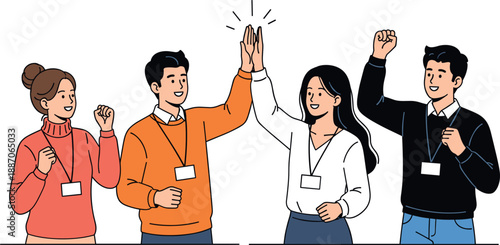 Cheerful business team giving high five and celebrating success together