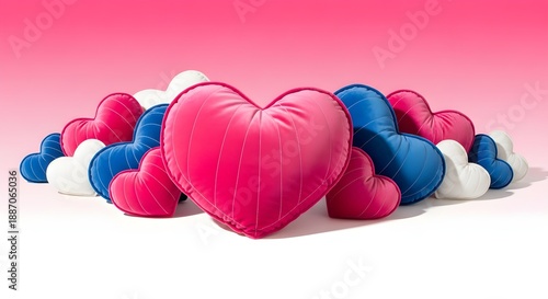 Pink heart-shaped pillows with blue and white capsules on soft pastel background for health and love concept