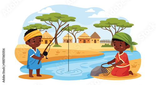 Vector illustration of African children fishing by a riverbank, showing calm daily activity and connection to nature in rural community life through flat vector design