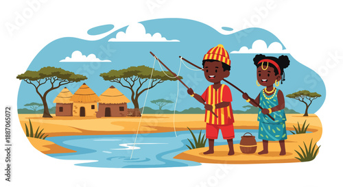 Vector illustration of African children fishing by a riverbank, showing calm daily activity and connection to nature in rural community life through flat vector design