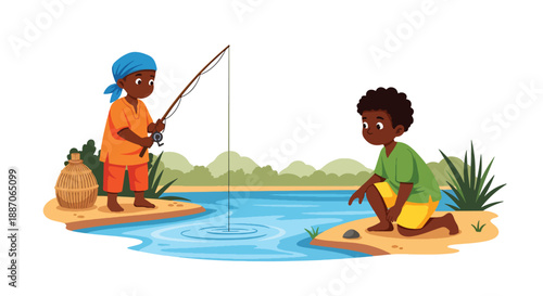 Vector illustration of African children fishing by a riverbank, showing calm daily activity and connection to nature in rural community life through flat vector design